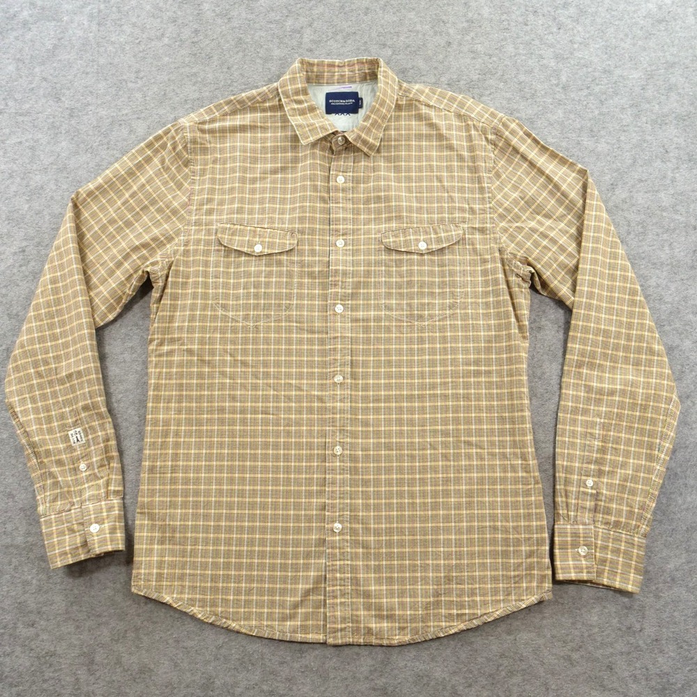 Scotch & Soda Shirt Men Extra Large Beige Plaid Long Sleeve Slim Fit Button